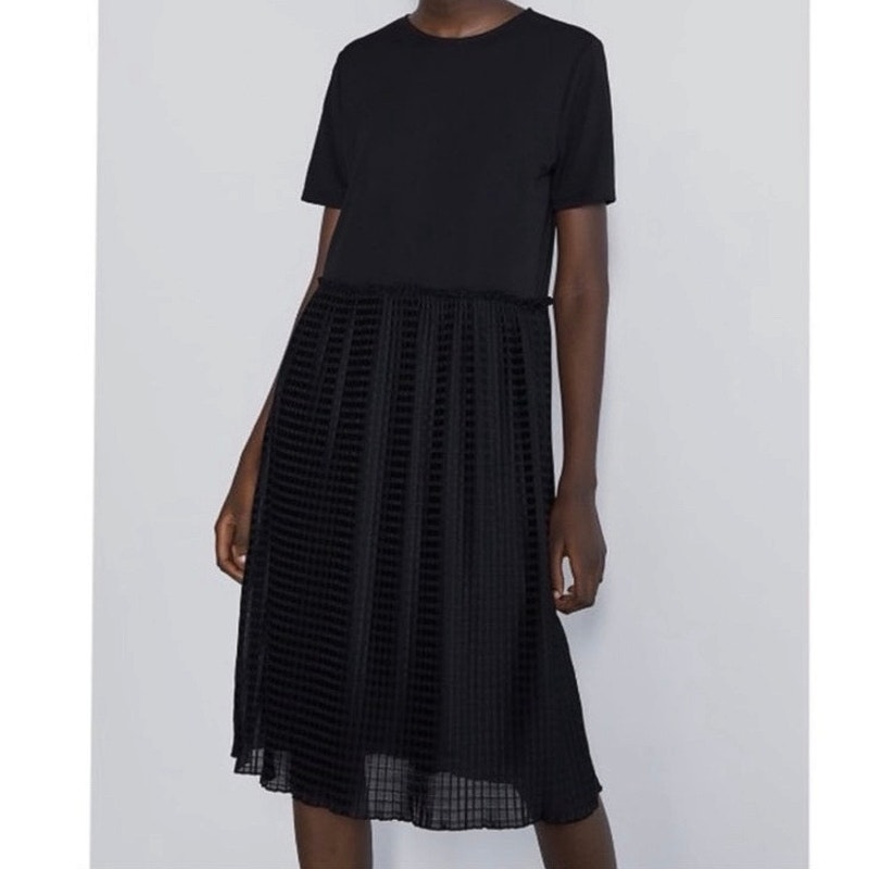 Zara Black Short Sleeve Flowy Pleated Round Neck Ruffle Midi T Shirt Dress Sz L